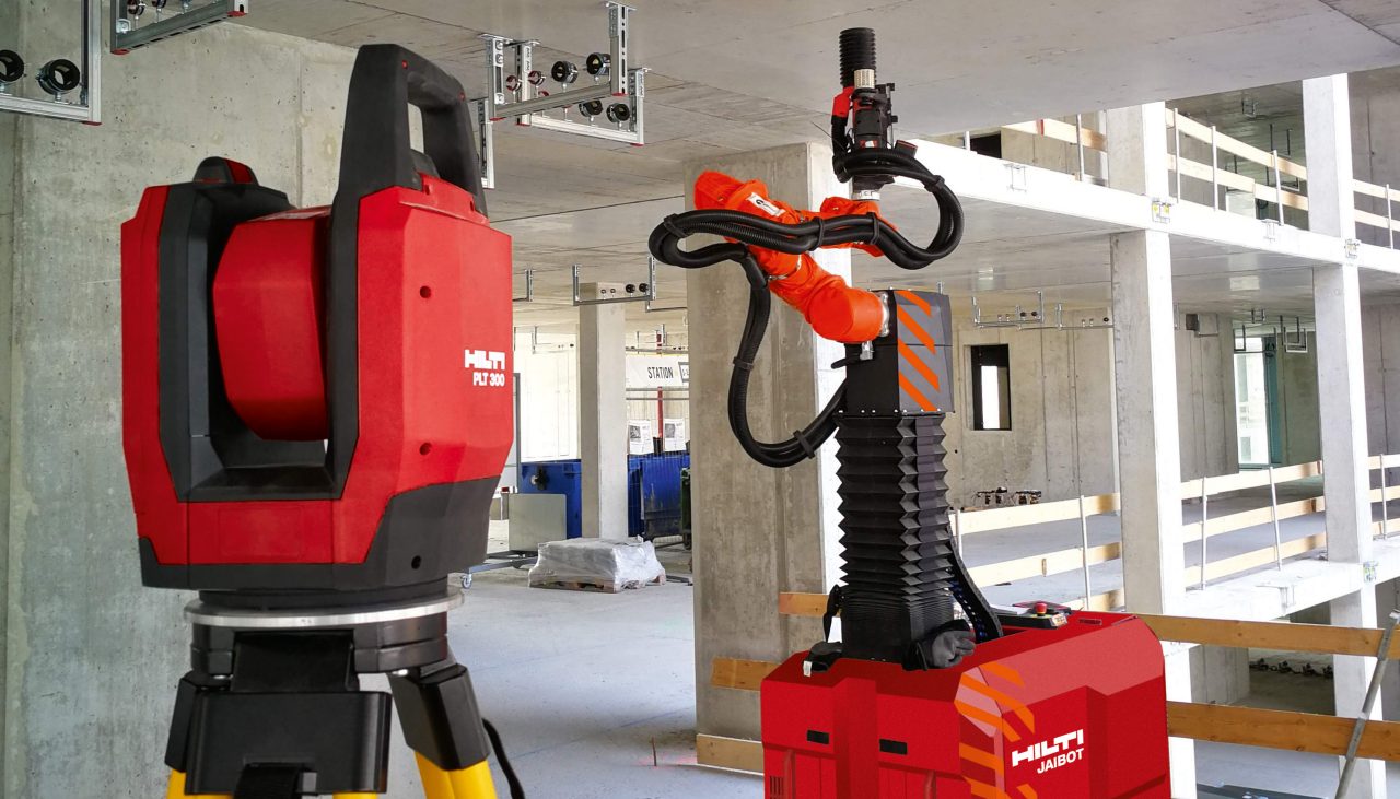 MEP installation system, total station and drilling robot on a construction site