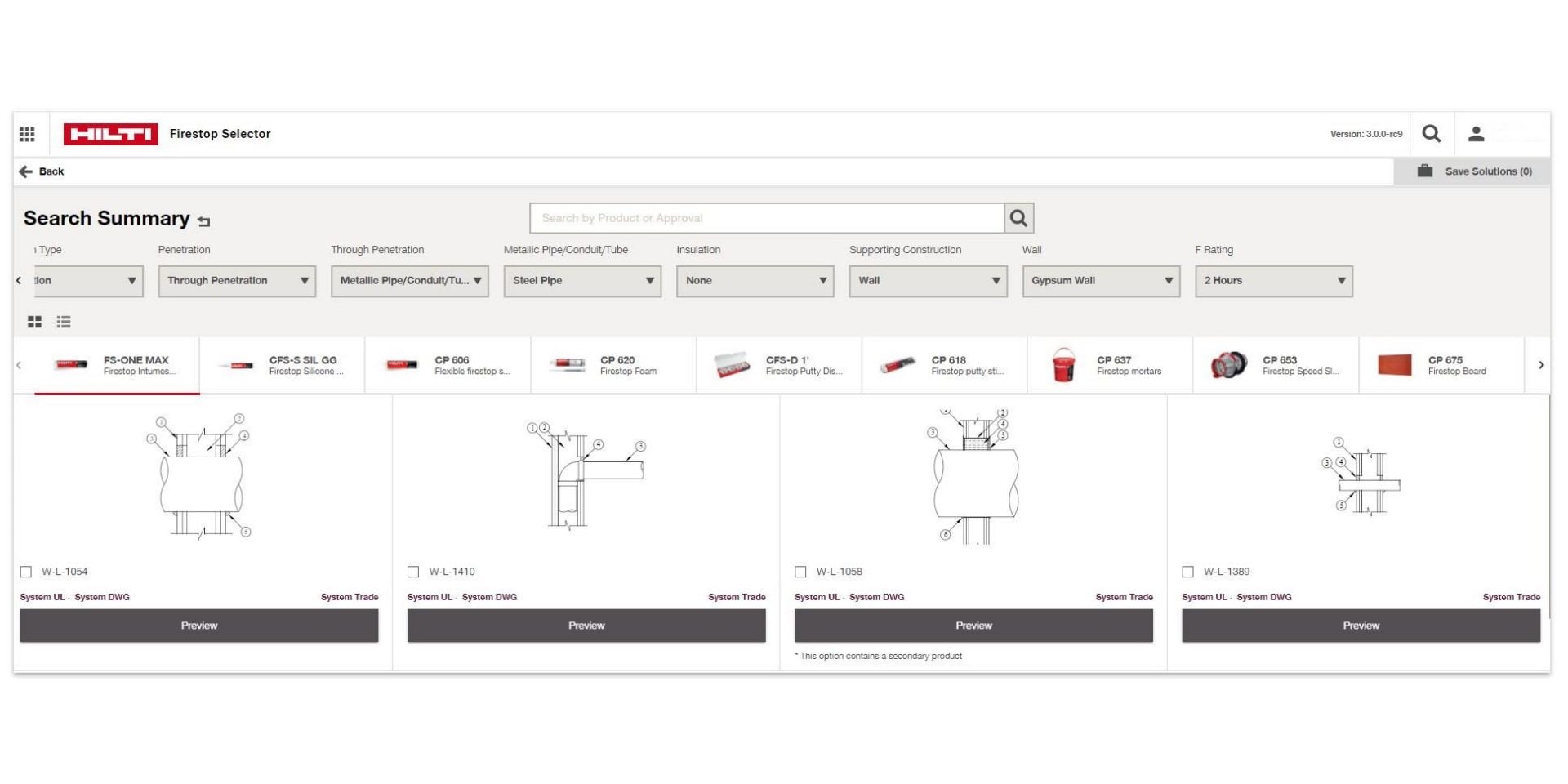 Screen shot of Firestop Selector digital approval library