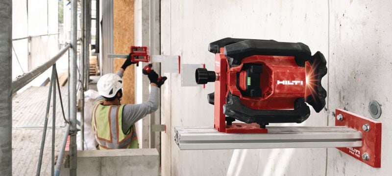 PR 40-22 Niveau laser rotatif à pente unique Niveau laser rotatif extérieur robuste avec fonctions automatiques pour le nivellement, l’alignement, l’inclinaison et l’équerrage sur de longues distances (plateforme de batteries Nuron) Applications 1