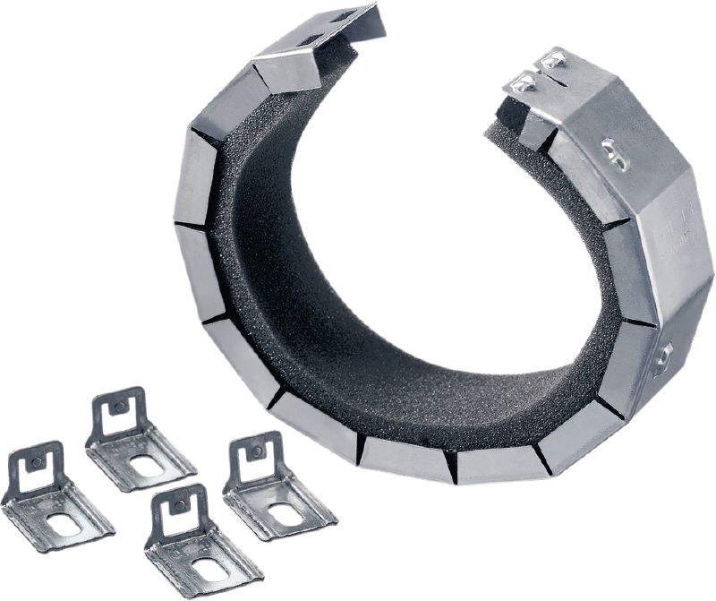 Collier coupe-feu CP 643 N Collier coupe-feu de rééquipement conforme aux normes ETAG, BS et UL et approuvé FM pour aider à la création d'une barrière anti-feu et anti-fumée autour des passages de tuyauteries existants