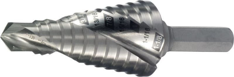 Spiral Step Drill Bit with Laser Engraving Spiral Step bit for drilling or enlarging holes of different sizes in metal and plastics. The split point design enables no-predrilling and faster and more precise cuts. Laser engraving offers clear visibility for step increments.