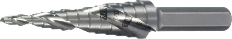 Spiral Step Drill Bit with Laser Engraving Spiral Step bit for drilling or enlarging holes of different sizes in metal and plastics. The split point design enables no-predrilling and faster and more precise cuts. Laser engraving offers clear visibility for step increments.