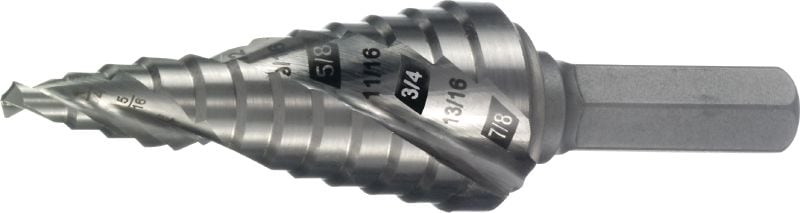 Spiral Step Drill Bit with Laser Engraving Spiral Step bit for drilling or enlarging holes of different sizes in metal and plastics. The split point design enables no-predrilling and faster and more precise cuts. Laser engraving offers clear visibility for step increments.