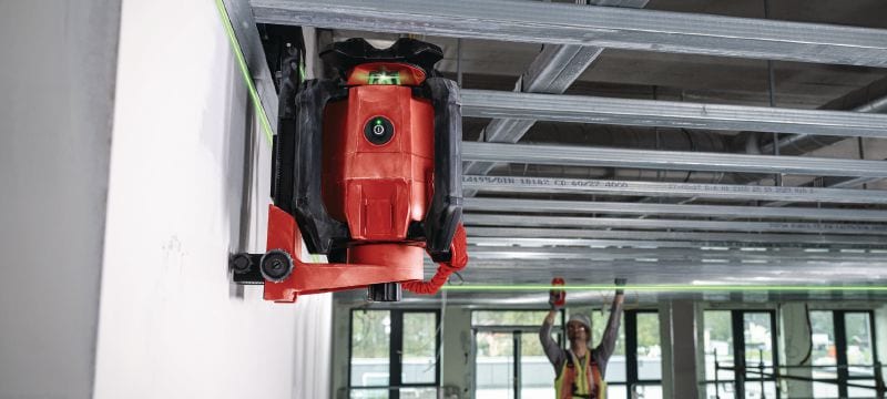PR 40G-22 Niveau laser rotatif vert à pente unique Niveau laser rotatif intérieur robuste avec faisceau vert très visible et fonctions automatiques pour le nivellement, l’alignement, la pente et la quadrature (plate-forme Nuron) Applications 1
