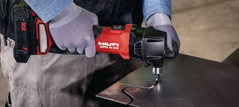 SPN 6-22 CN Cordless nibbler High-capacity cordless nibbler for cutting sheet metal and profiles with more speed and minimal distortion (Nuron battery platform) Applications 1