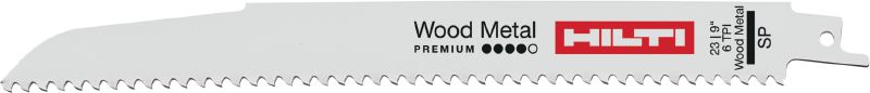 Nail-embedded wood reciprocating saw blades (heavy-duty) Heavy-duty reciprocating saw blade for demolishing wood containing nails – extra-strong in metal, fast in wood