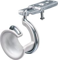 Anneau-bride avec support et clou X-BR S Clip pour tube avec selle de tuyau en plastique et clou préinstallé à utiliser avec les cloueurs à poudre sur béton dur