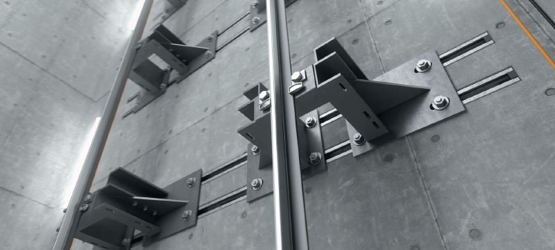 Rail d'ancrage HAC-V standard Rails d'ancrage préscellés avec une capacité de charge améliorée et de multiples profondeurs d’implantation, pour une fixation économique des façades-rideaux Applications 1
