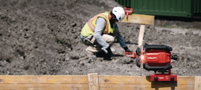 PR 40-22 Niveau laser rotatif à pente unique Niveau laser rotatif extérieur robuste avec fonctions automatiques pour le nivellement, l’alignement, l’inclinaison et l’équerrage sur de longues distances (plateforme de batteries Nuron) Applications 1