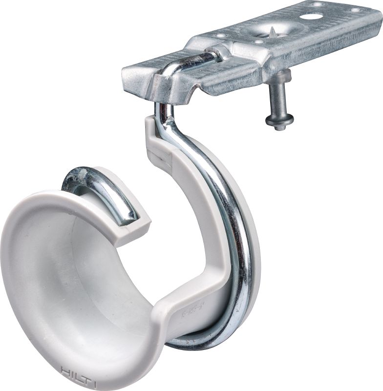 Anneau-bride avec support et clou X-BR S Clip pour tube avec selle de tuyau en plastique et clou préinstallé à utiliser avec les cloueurs à poudre sur béton dur