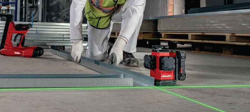 PM 50MG-22 Multi-line laser High visibility self-leveling laser with 3 green 360° lines and 15+ hours of run time for leveling, aligning, squaring, and plumbing (Nuron battery platform) Applications 1