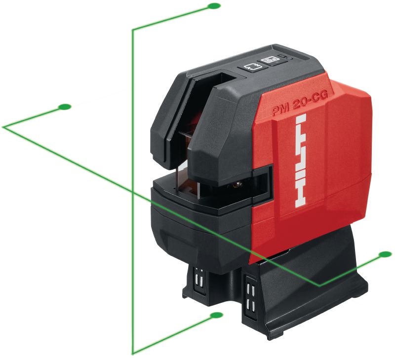 PM 20-CGE High-precision plumb and cross line laser High-precision green beam combi-laser with 2 lines and 5 points for plumbing, leveling, aligning and squaring