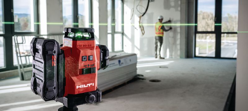 PM 50MG-22 Multi-line laser High visibility self-leveling laser with 3 green 360° lines and 15+ hours of run time for leveling, aligning, squaring, and plumbing (Nuron battery platform) Applications 1