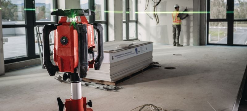 PR 40G-22 Niveau laser rotatif vert à pente unique Niveau laser rotatif intérieur robuste avec faisceau vert très visible et fonctions automatiques pour le nivellement, l’alignement, la pente et la quadrature (plate-forme Nuron) Applications 1