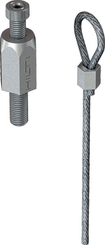 Ensemble de verrouillage de rail MW-LP CL avec câble métallique à boucle terminale Câble métallique avec boucle terminale et verrouillage de rail réglable pour la suspension d'entretoises en trapèze sur des éléments de construction appropriés, comme les poutres d'acier