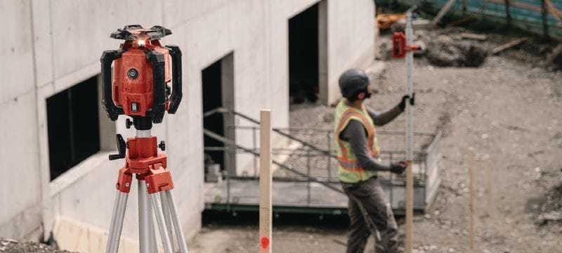 PR 400-22 Dual slope rotary laser level Robust exterior rotary laser level with automatic functions for long-distance leveling, aligning, squaring, and dual slope capabilities (Nuron battery platform) Applications 1