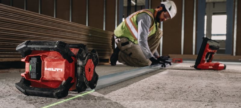 PR 40G-22 Niveau laser rotatif vert à pente unique Niveau laser rotatif intérieur robuste avec faisceau vert très visible et fonctions automatiques pour le nivellement, l’alignement, la pente et la quadrature (plate-forme Nuron) Applications 1