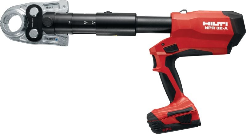 Sertisseuse à poignée pistolet NPR 32-A Outil de compression de tuyaux de 32 kN avec poignée pistolet et à batterie avec mors interchangeables pour les tuyaux de métal et de plastique d'un diamètre pouvant atteindre 110 mm